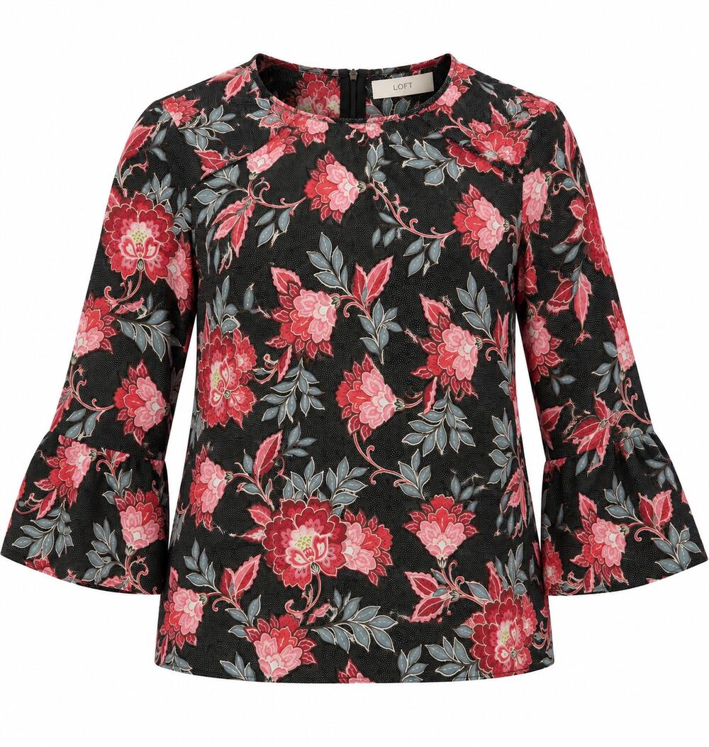 LOFT Large Floral Blouse Cottage Boho Feminine Blue Pink Bell Sleeve
